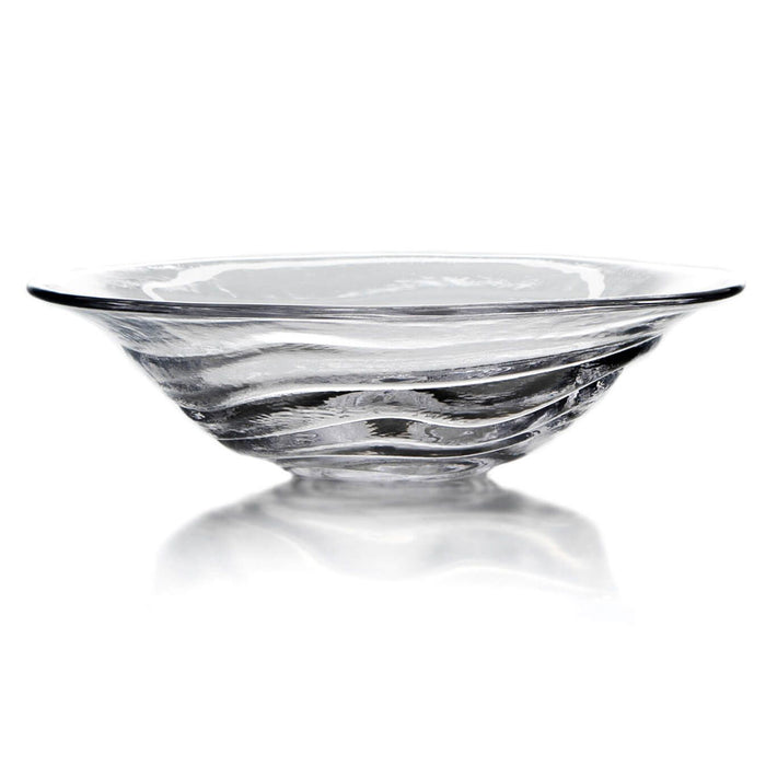 Clear glass bowl with swirled dark gray and black striations throughout the body and wide flared rim.