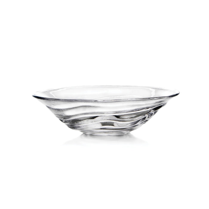 Clear glass bowl with wide, shallow curved sides and textured surface detail.