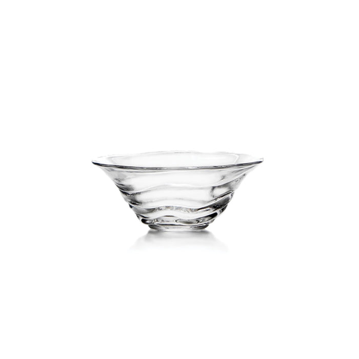 Clear glass bowl with wide flared rim and horizontal ribbed texture on the sides.