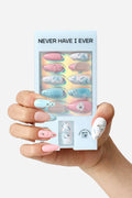 Light blue almond press-on nails with silver bow and rhinestone accents