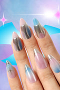 Hand displaying Titanium Jelly press-on nails with a silver French tip and a pink-to-blue gradient.