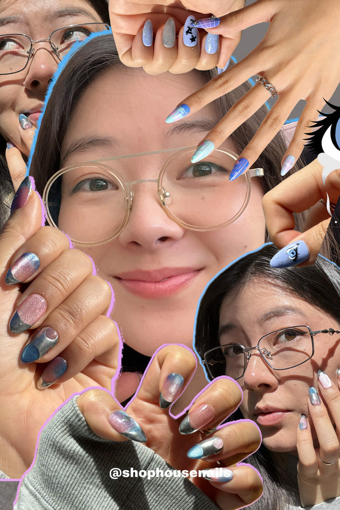 Woman wearing "Titanium Jelly" press-on nails with chrome, glitter, and playful designs.