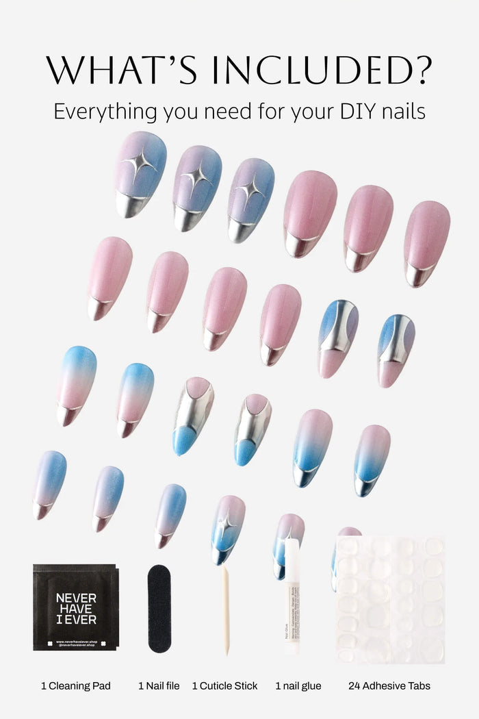 Press-on nail kit: gradient pink/blue/silver nails, cleaning pad, file, cuticle stick, glue, adhesive tabs.