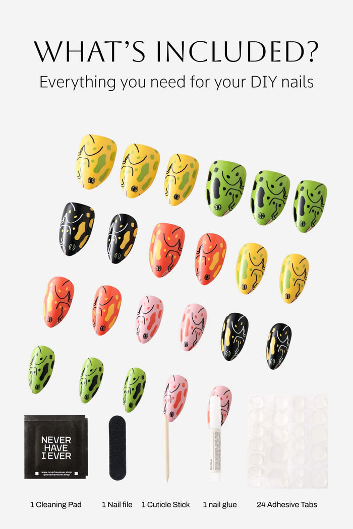 Press-on nails with frog art in yellow, green, black, orange, pink, plus nail kit: cleaning pad, file, stick, glue, tabs.