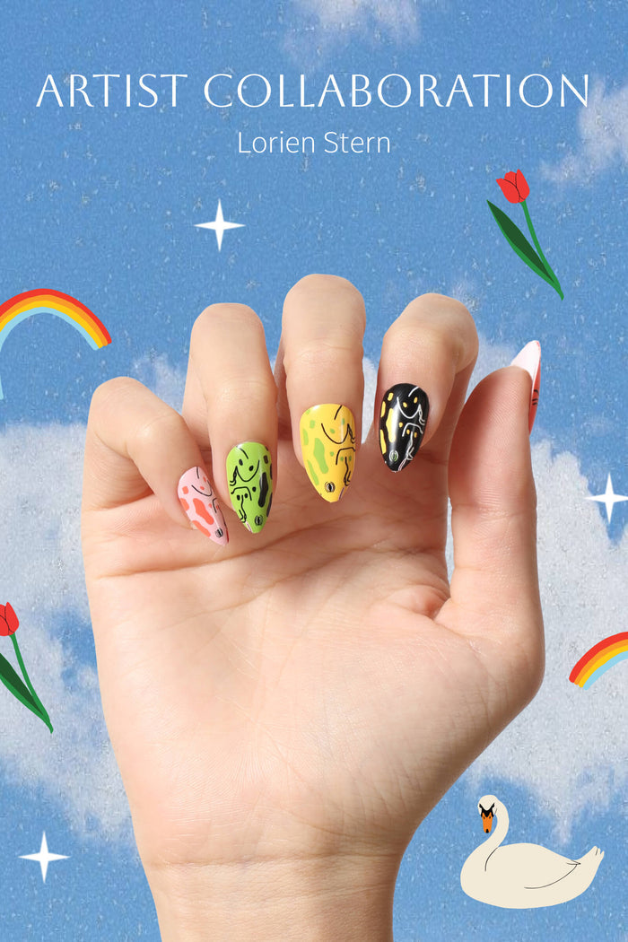 Lorien Stern frog press-on nails collaboration with rainbows and swan.
