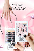 New Year Bundle: Hands display pink coffin nails with black ribbon and black oval nails with pink bows from Never Have I Ever.