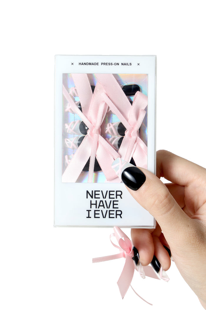 Dawang Valentine's Bundle Collection press-on nails with black tips and pink ribbon details.