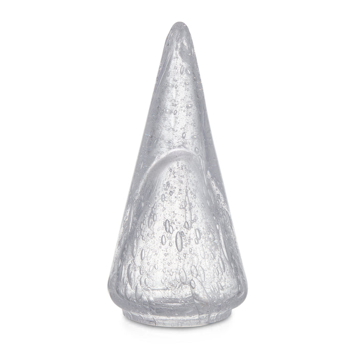 Silver conical tree with textured surface and pointed top, approximately 8 inches tall.