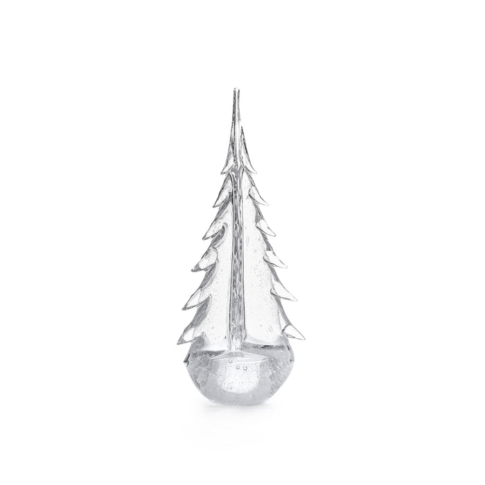 Translucent evergreen tree-shaped candle with silvery finish and rounded base.