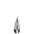 Silver-toned metallic evergreen tree sculpture with pointed top and layered branch details on round base.