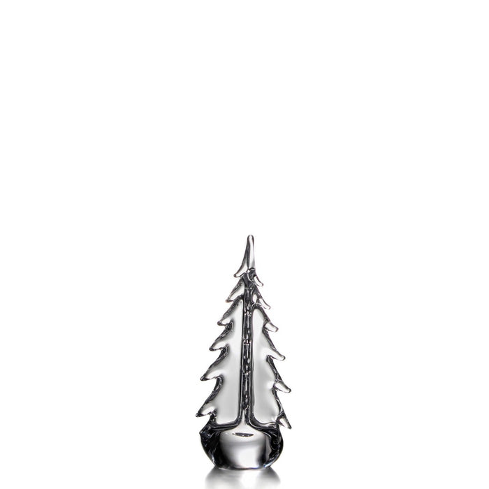 Silver-toned metallic evergreen tree sculpture with pointed top and layered branch details on round base.