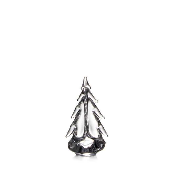 Clear glass evergreen tree figurine with pointed top and tiered branch-like segments, approximately 6 inches tall.