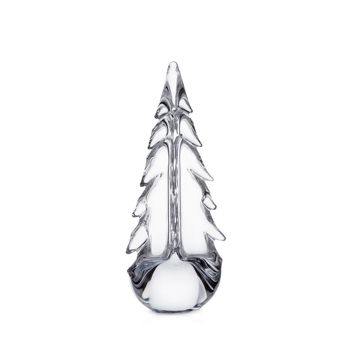 Clear glass evergreen tree figurine with layered branches and rounded base.