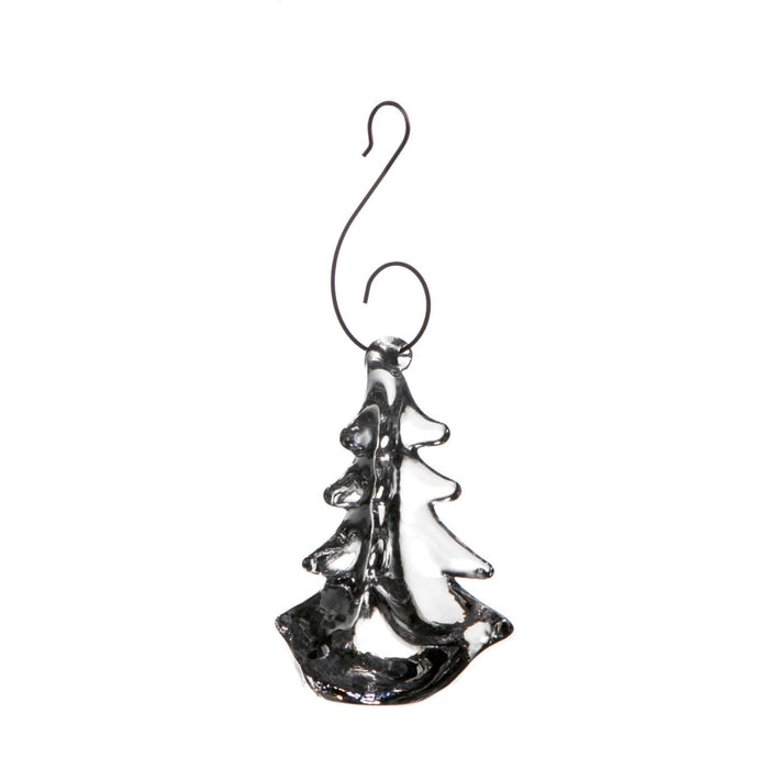 Black and white ceramic evergreen tree ornament with curved metal hanging hook.