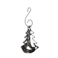 Black and white ceramic evergreen tree ornament with curved metal hanging hook.