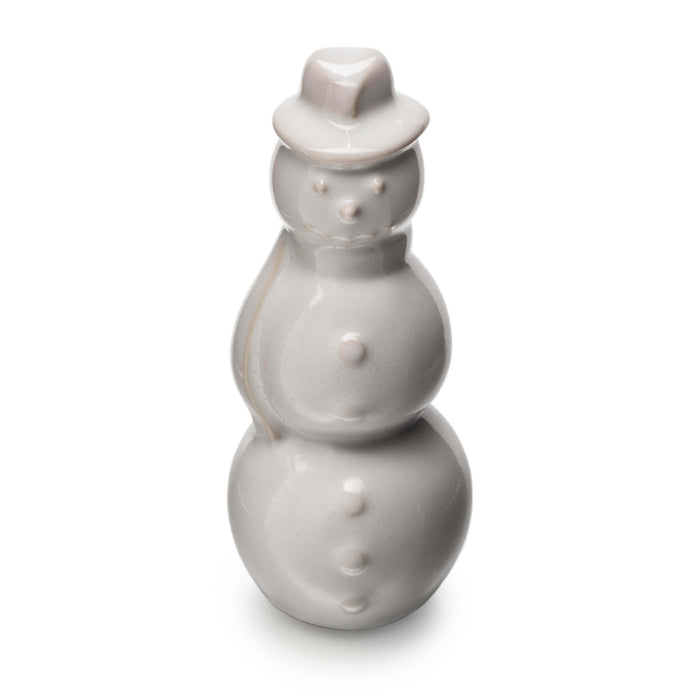 White ceramic snowman figurine with three stacked spheres, button details, and a hat.