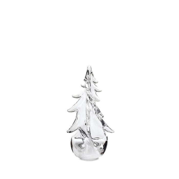 Clear glass evergreen tree ornament with twisted trunk and pointed branches on white background.