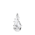 Clear glass evergreen tree ornament with twisted trunk and pointed branches on white background.