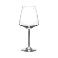Clear glass wine glass with tapered bowl, thin stem, and circular base on white background.