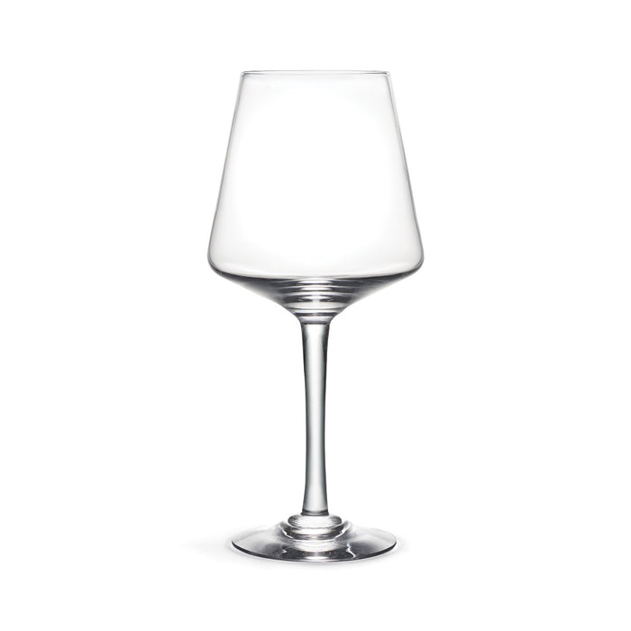 Clear glass wine glass with tapered bowl, thin stem, and circular base on white background.