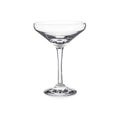 Clear glass coupe with wide bowl, thin stem, and rounded base.