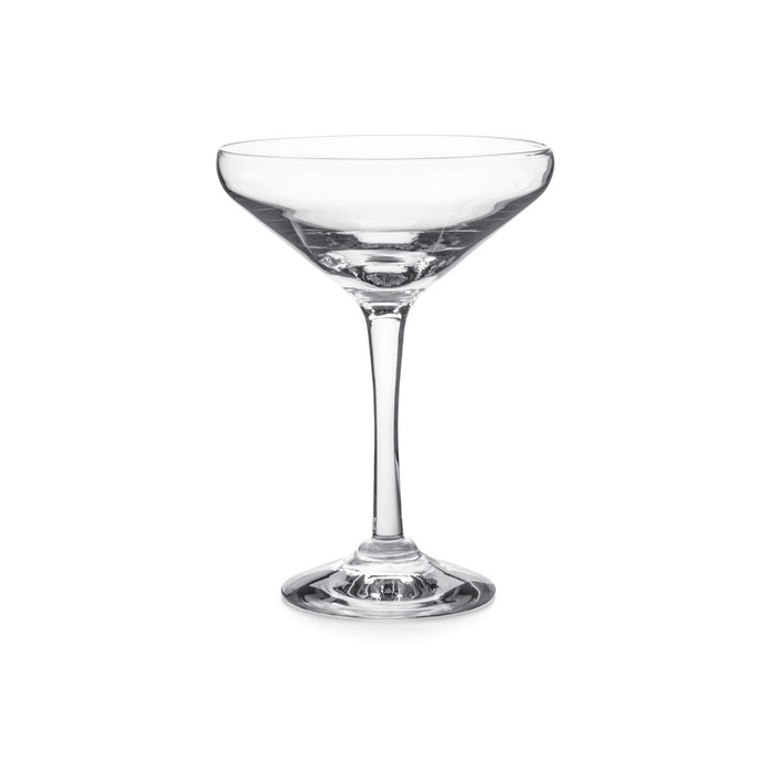 Clear glass coupe with wide bowl, thin stem, and rounded base.