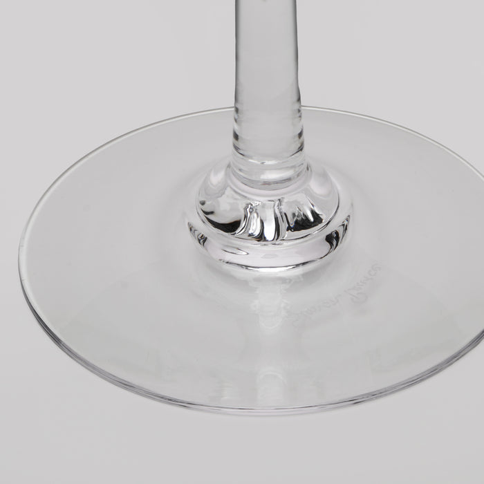 Close-up of a clear glass wine glass showing the base and stem on a light gray background.