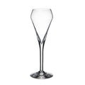 Clear glass flute with tapered bowl, long stem, and solid base on white background.