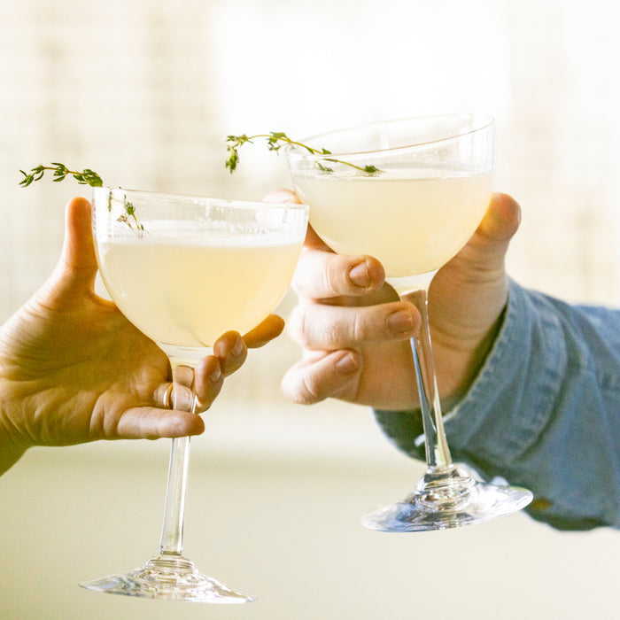 Two hands holding coupe glasses filled with pale yellow liquid and garnished with fresh herbs.