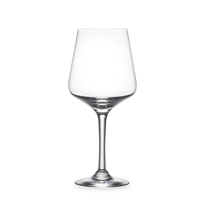 Clear glass wine glass with tapered bowl, thin stem, and circular base.