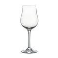Clear glass wine glass with tulip-shaped bowl, thin stem, and circular base on white background.