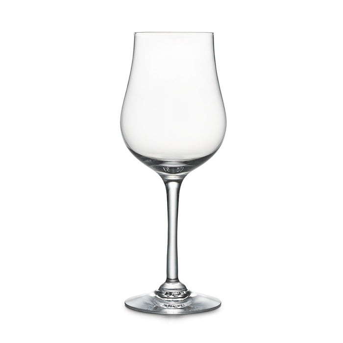 Clear glass wine glass with tulip-shaped bowl, thin stem, and circular base on white background.