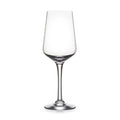 Clear glass wine glass with tapered bowl, thin stem, and circular base on white background.