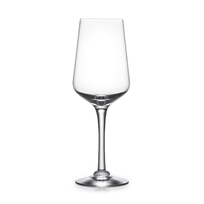 Clear glass wine glass with tapered bowl, thin stem, and circular base on white background.