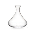 Clear glass wine decanter with curved sides and narrow neck opening.