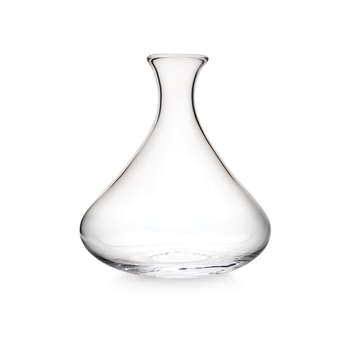 Clear glass wine decanter with curved sides and narrow neck opening.