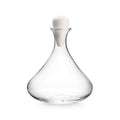 Clear glass wine decanter with wide bowl, narrow neck, and white marble dome stopper.