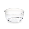 Clear glass bowl with wide rim and curved sides, shown from front angle.