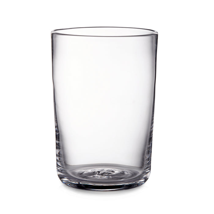 Clear glass tumbler with straight sides and rounded rim, textured base detail visible.