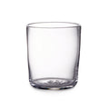 Clear glass tumbler with straight sides and rounded bottom, medium size.