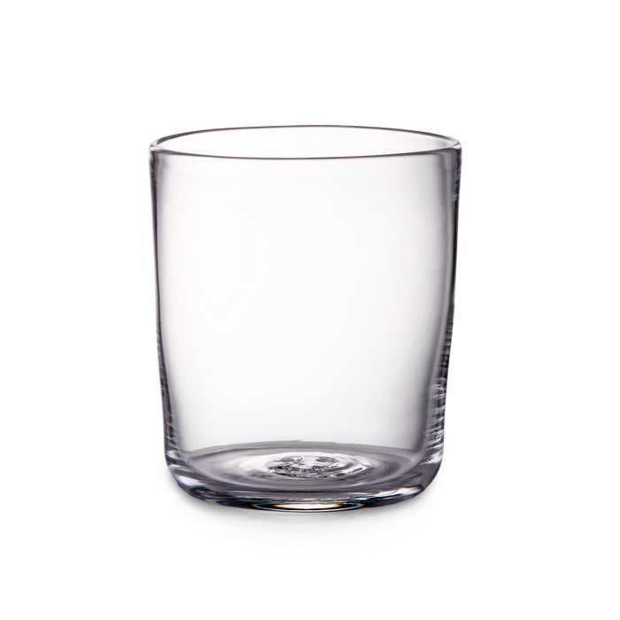 Clear glass tumbler with straight sides and rounded bottom, medium size.