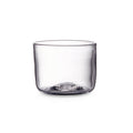 Clear cylindrical glass with rounded bottom and smooth rim, shown empty against white background.