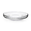 Clear glass platter with wide, shallow bowl shape and thick rim.