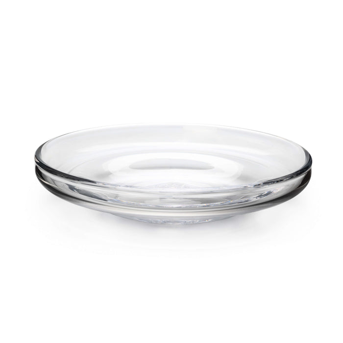 Clear glass platter with wide, shallow bowl shape and thick rim.