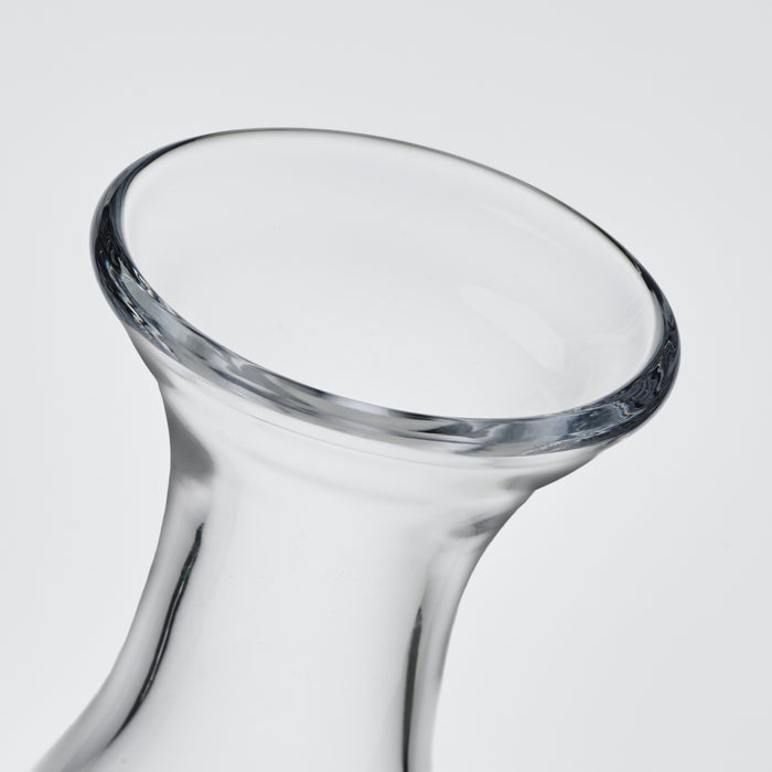 Clear glass decanter with tilted oval opening and curved pedestal base on white background.