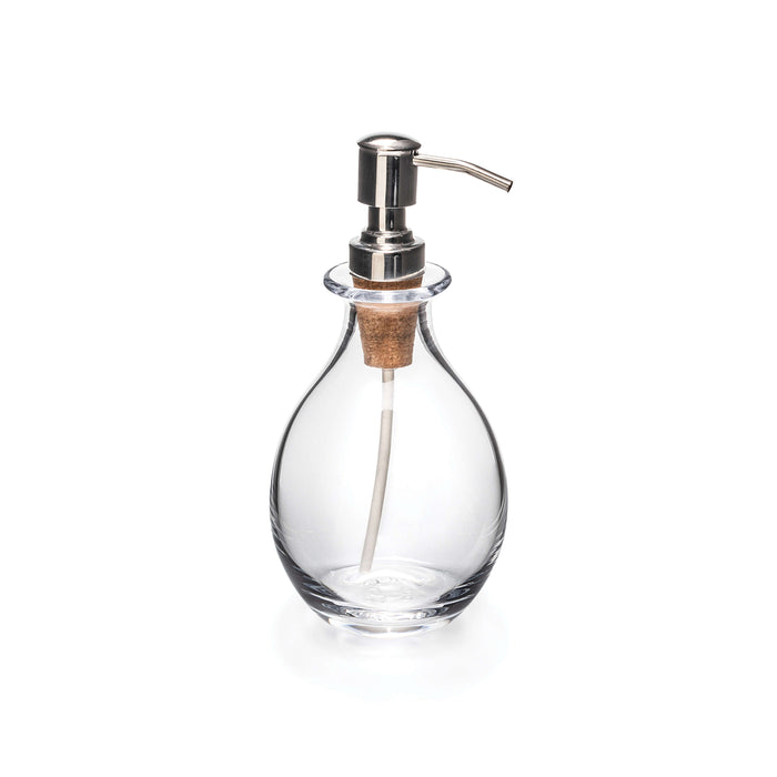 Clear glass soap dispenser with chrome pump, cork collar, and curved teardrop-shaped bottle body.