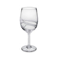 Clear glass wine goblet with curved swirl design on the bowl and a long stem with round base.