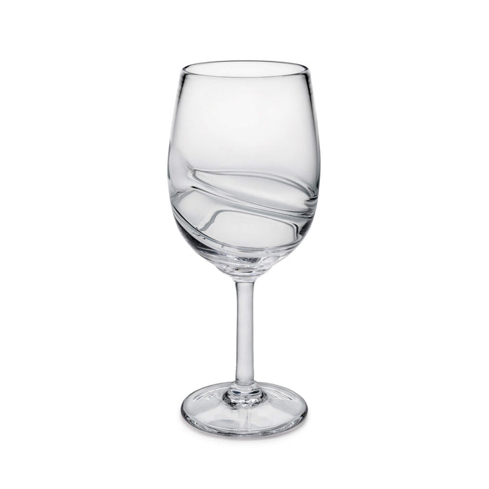 Clear glass wine goblet with curved swirl design on the bowl and a long stem with round base.