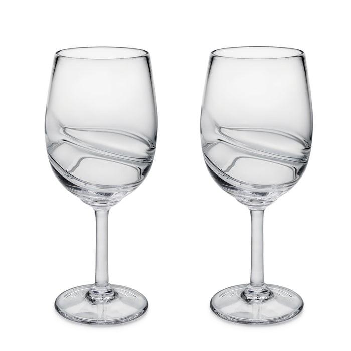 Two clear wine glasses with curved etched design on bowl and stem.