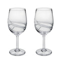 Two clear wine glasses with curved etched design on bowl and stem.